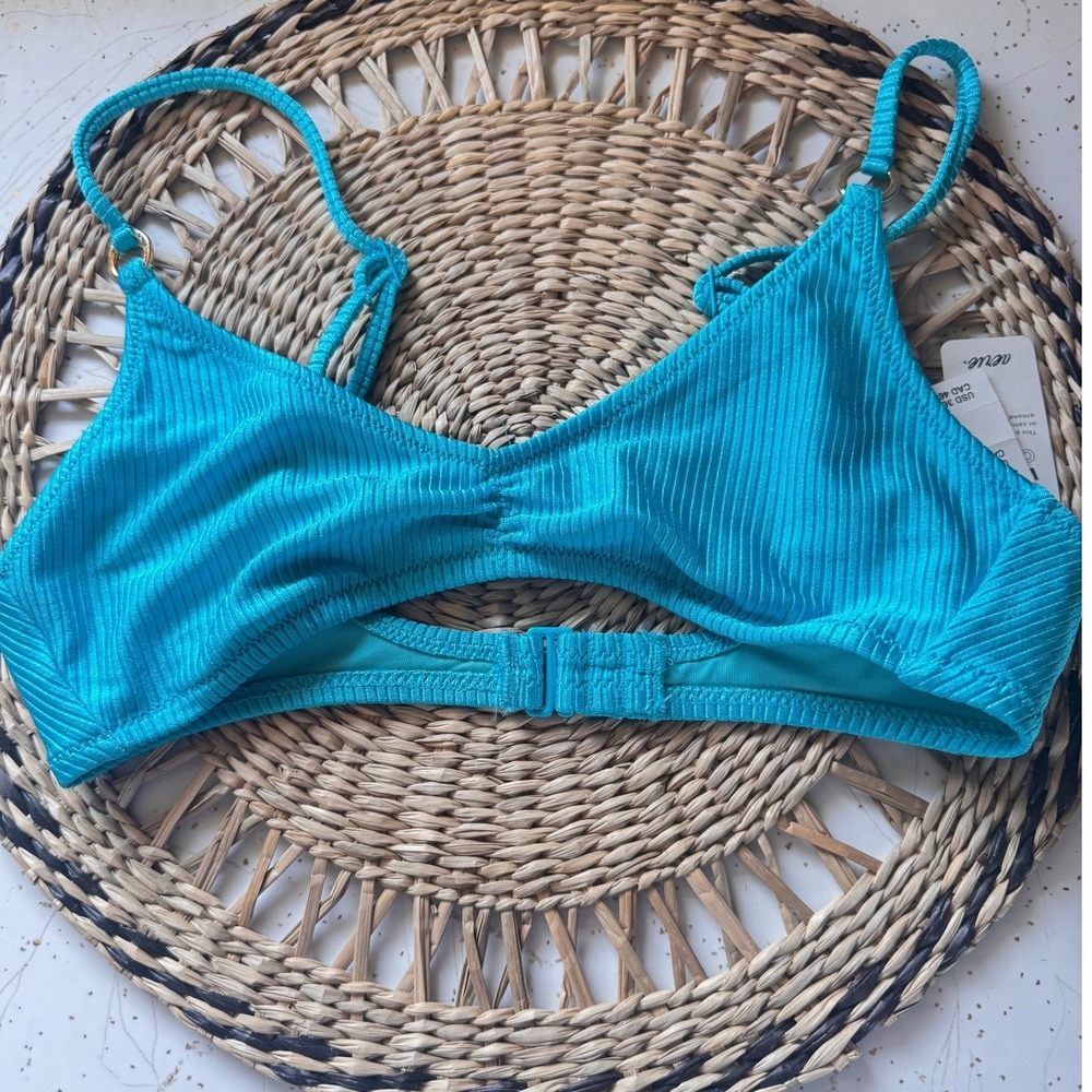 Aerie Real Good Ribbed Scoop Bikini Top Teal Blue Small NWT